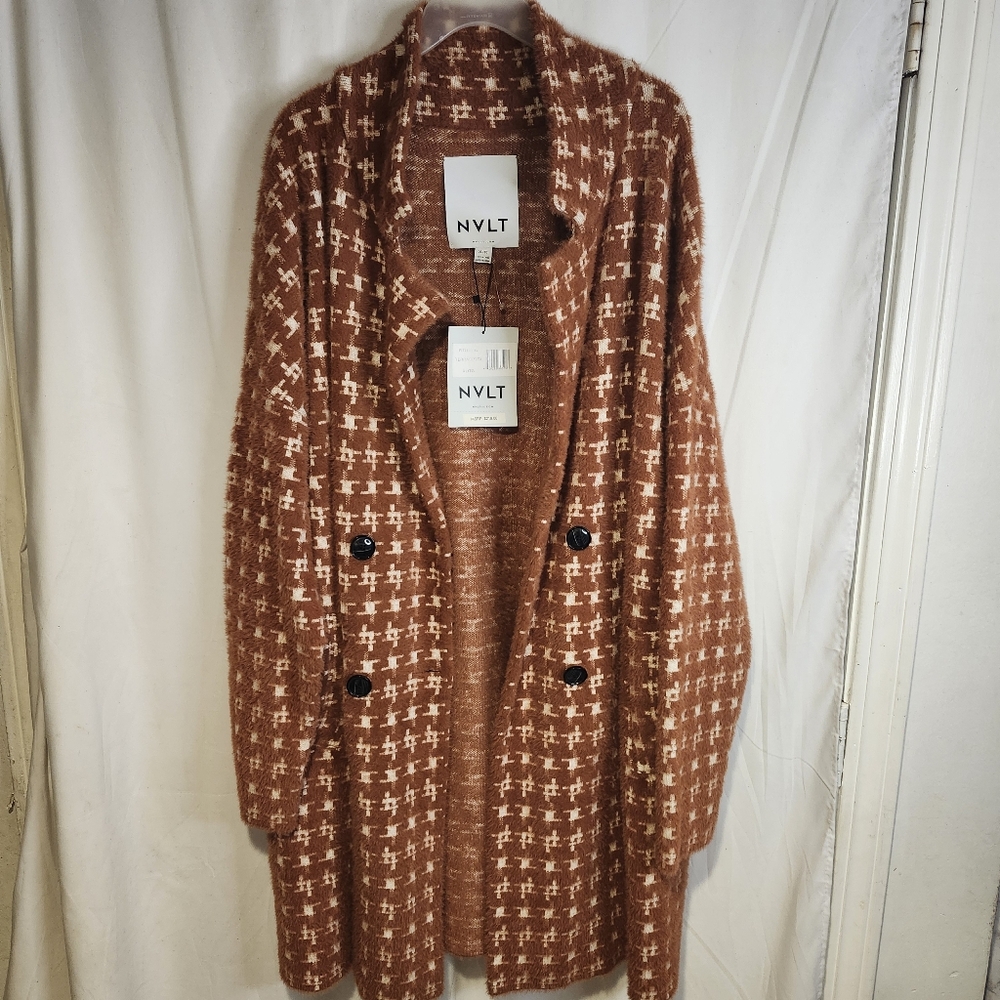 NVLT Women’s Rust Houndstooth Coat Long Line Wool Blend Jacket Size XL TG